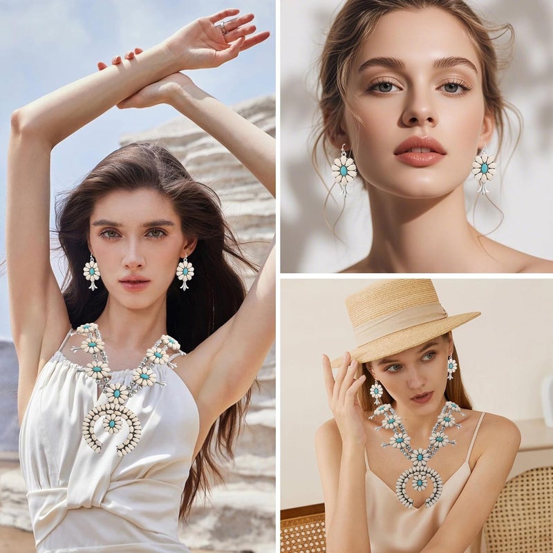 JMScape 4 PCS Western Turquoise Jewelry for Women Boho Vintage Navajo Pearl Necklace Earring Bracelet Ring Set Country Cowgirl Accessories for Gift - Image 4
